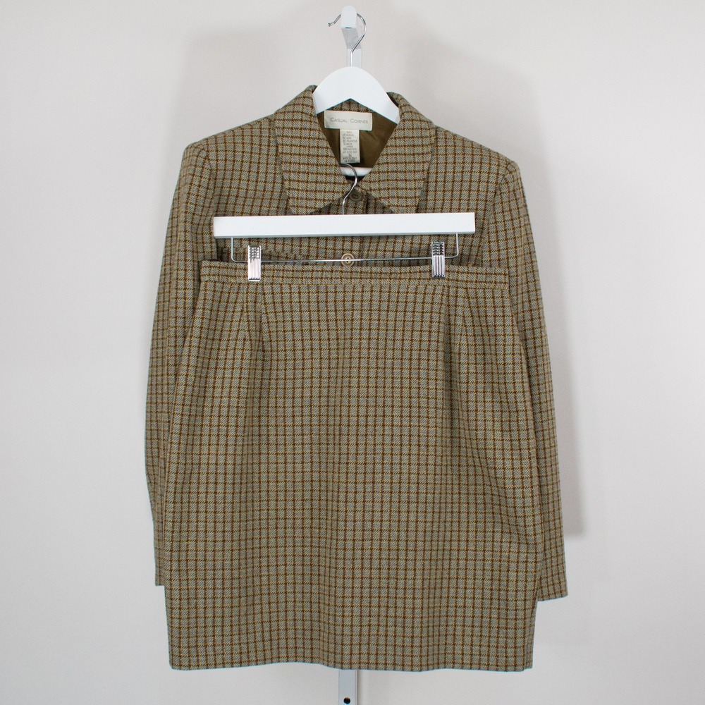Casual Corner Womens Plaid Blazer Skirt Suit Set Size 14 Brown Blue Wool Blend - Picture 3 of 16